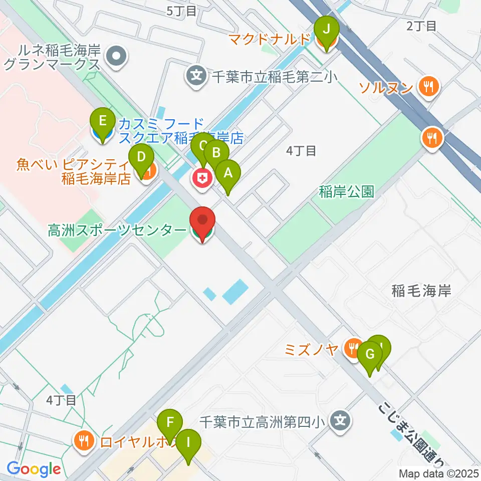 高洲スポーツセンター周辺のファミレス・ファーストフード一覧地図