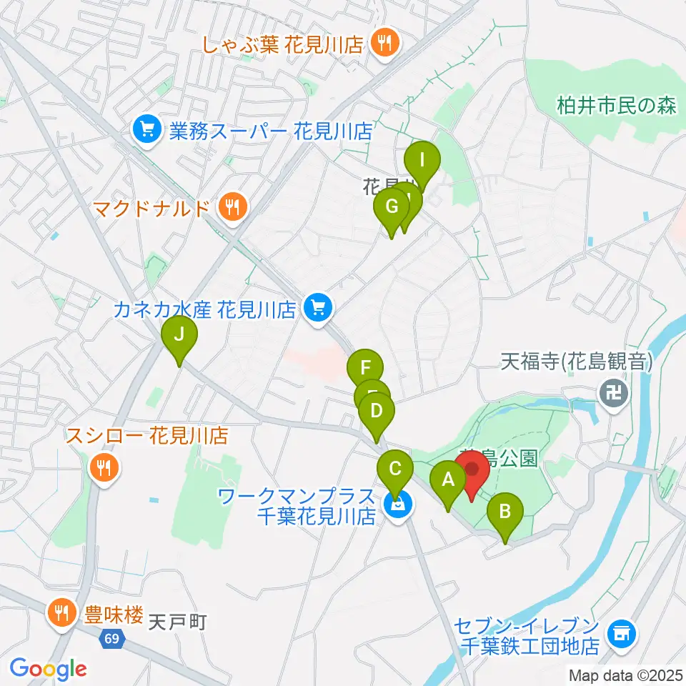 花島公園スポーツ施設周辺のファミレス・ファーストフード一覧地図