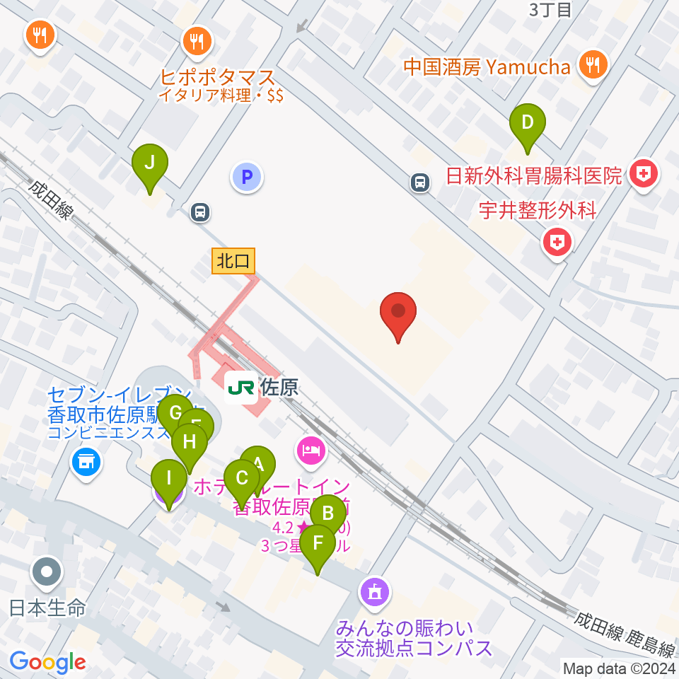 香取市民体育館周辺のファミレス・ファーストフード一覧地図