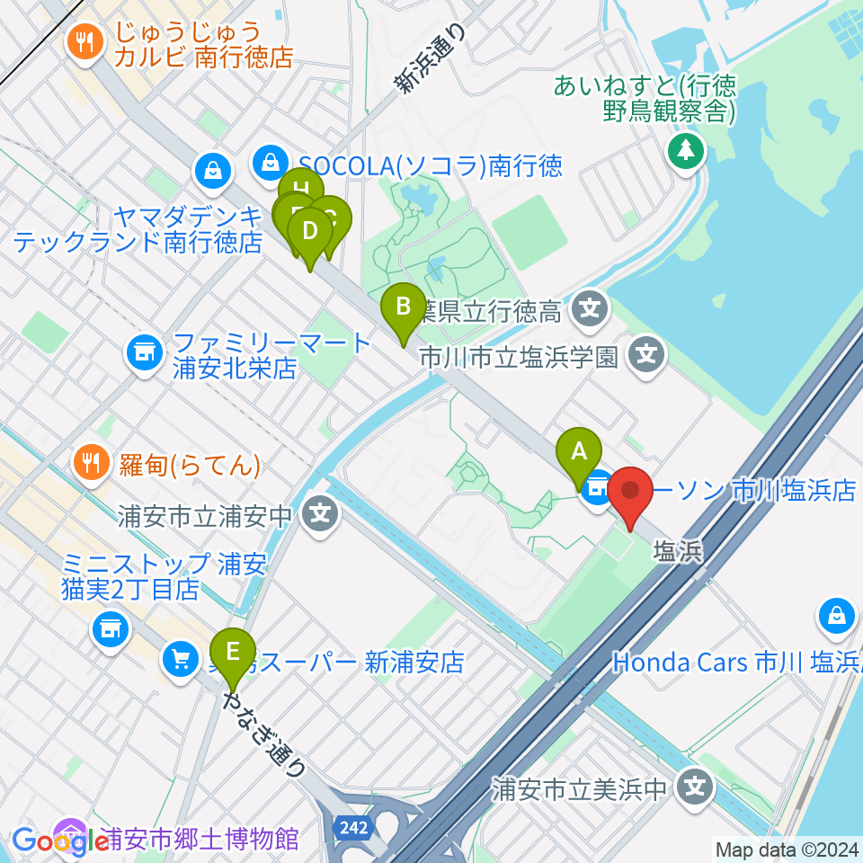 市川市塩浜市民体育館周辺のファミレス・ファーストフード一覧地図