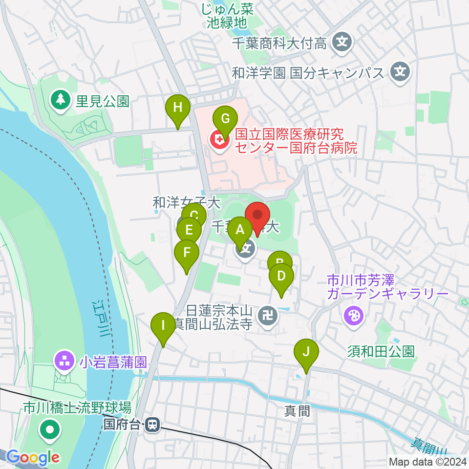 国府台市民体育館周辺のファミレス・ファーストフード一覧地図