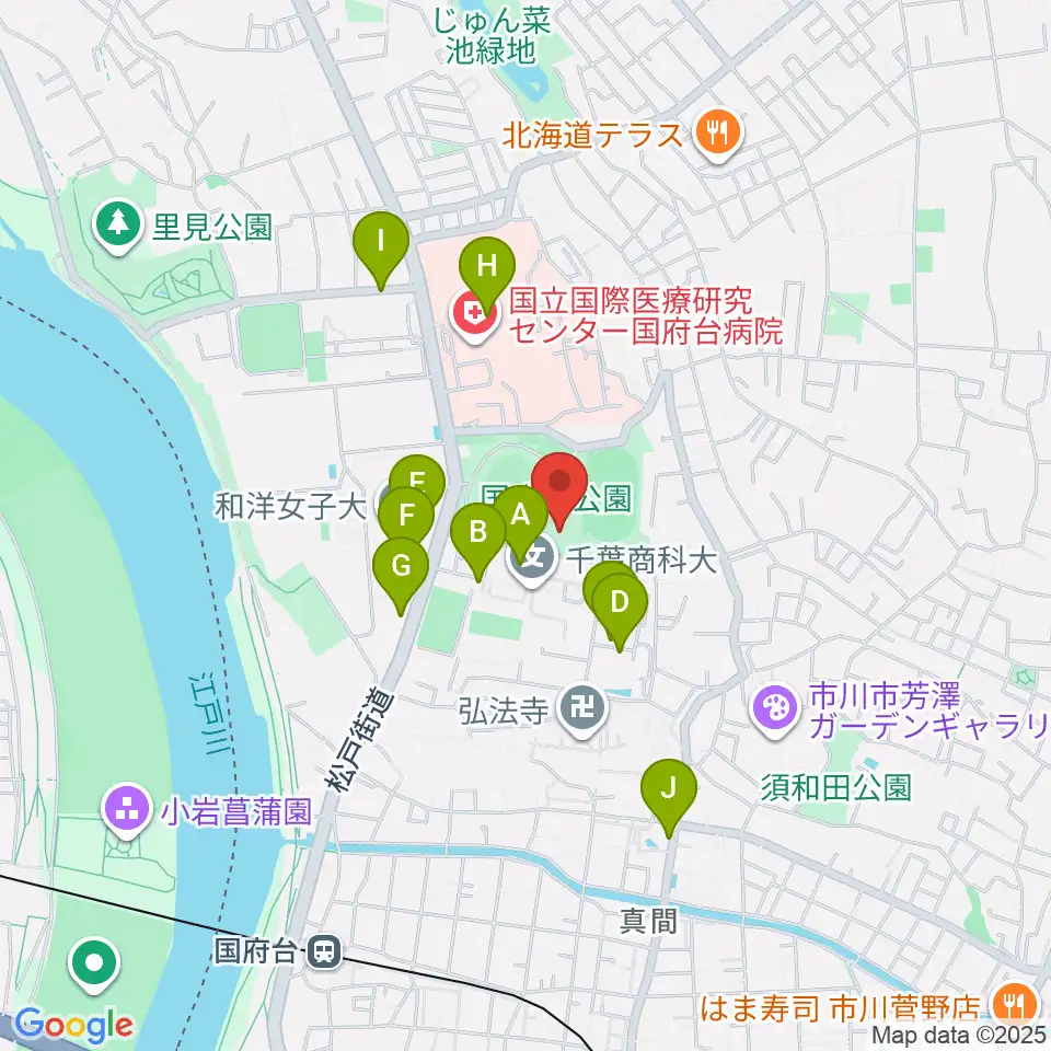 国府台市民体育館周辺のファミレス・ファーストフード一覧地図