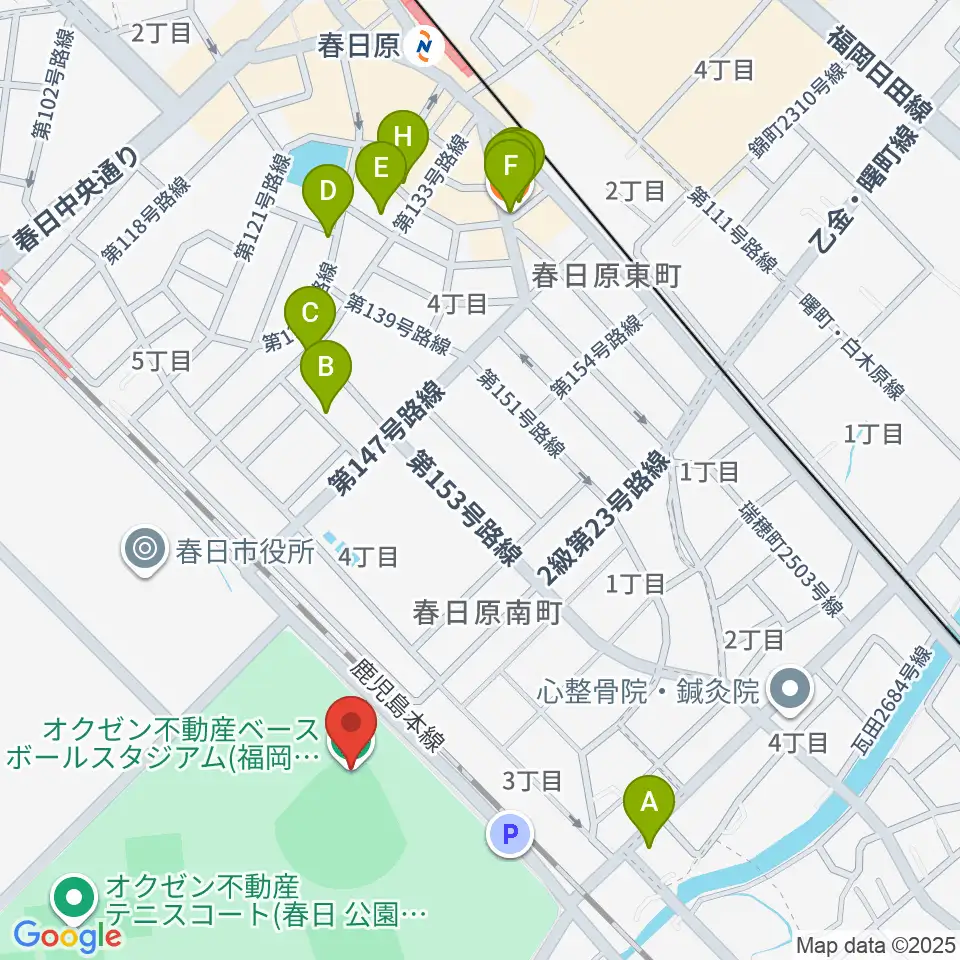 オクゼン不動産ベースボールスタジアム周辺のファミレス・ファーストフード一覧地図