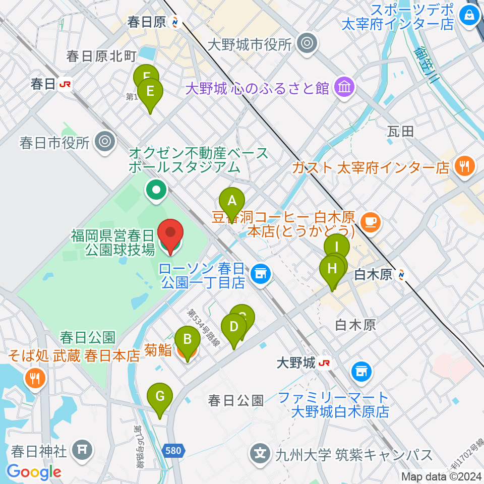 オクゼン不動産フットボールスタジアム周辺のファミレス・ファーストフード一覧地図