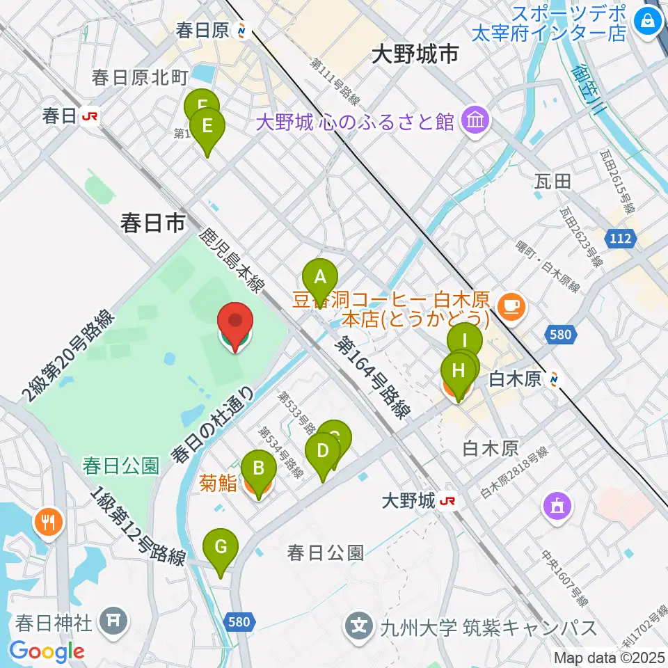 オクゼン不動産フットボールスタジアム周辺のファミレス・ファーストフード一覧地図
