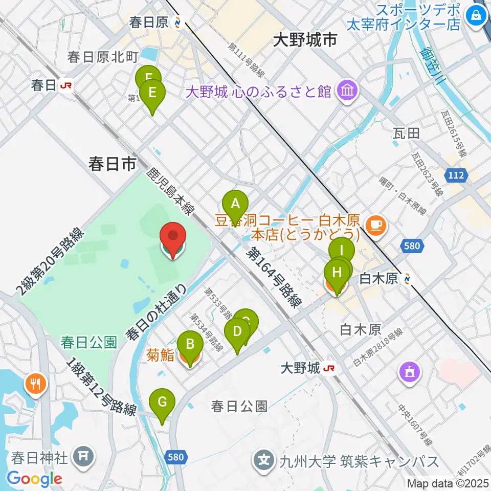 オクゼン不動産フットボールスタジアム周辺のファミレス・ファーストフード一覧地図