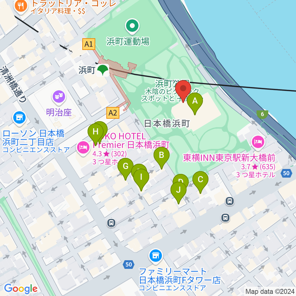 中央区立総合スポーツセンター周辺のファミレス・ファーストフード一覧地図