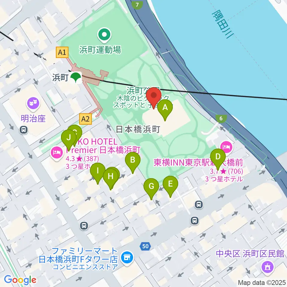 中央区立総合スポーツセンター周辺のファミレス・ファーストフード一覧地図