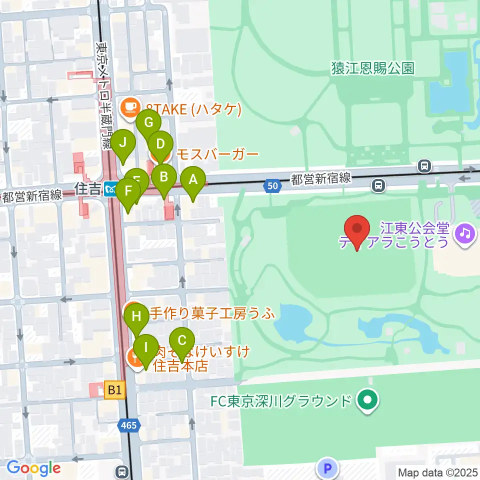 猿江恩賜公園野球場周辺のファミレス・ファーストフード一覧地図