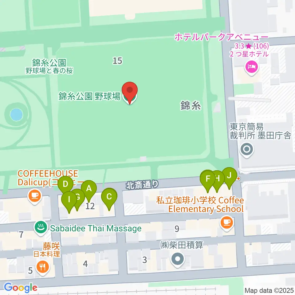 錦糸公園野球場周辺のファミレス・ファーストフード一覧地図