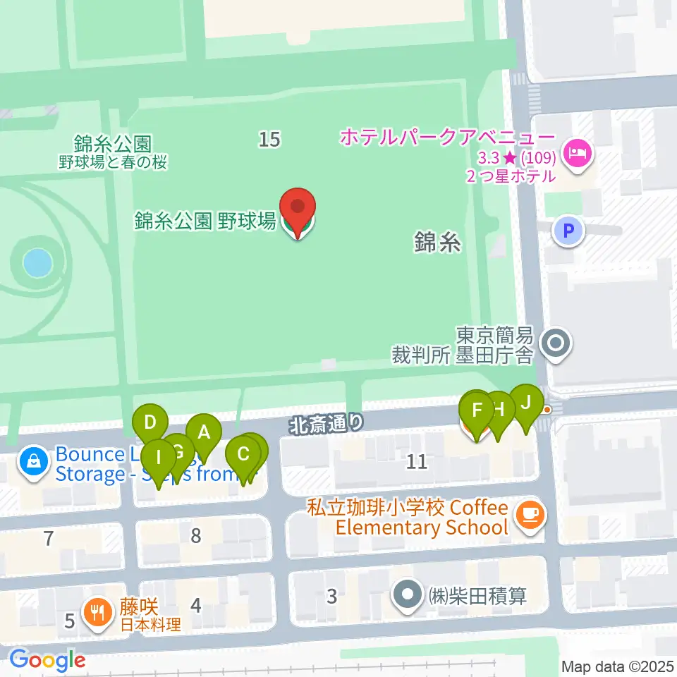 錦糸公園野球場周辺のファミレス・ファーストフード一覧地図