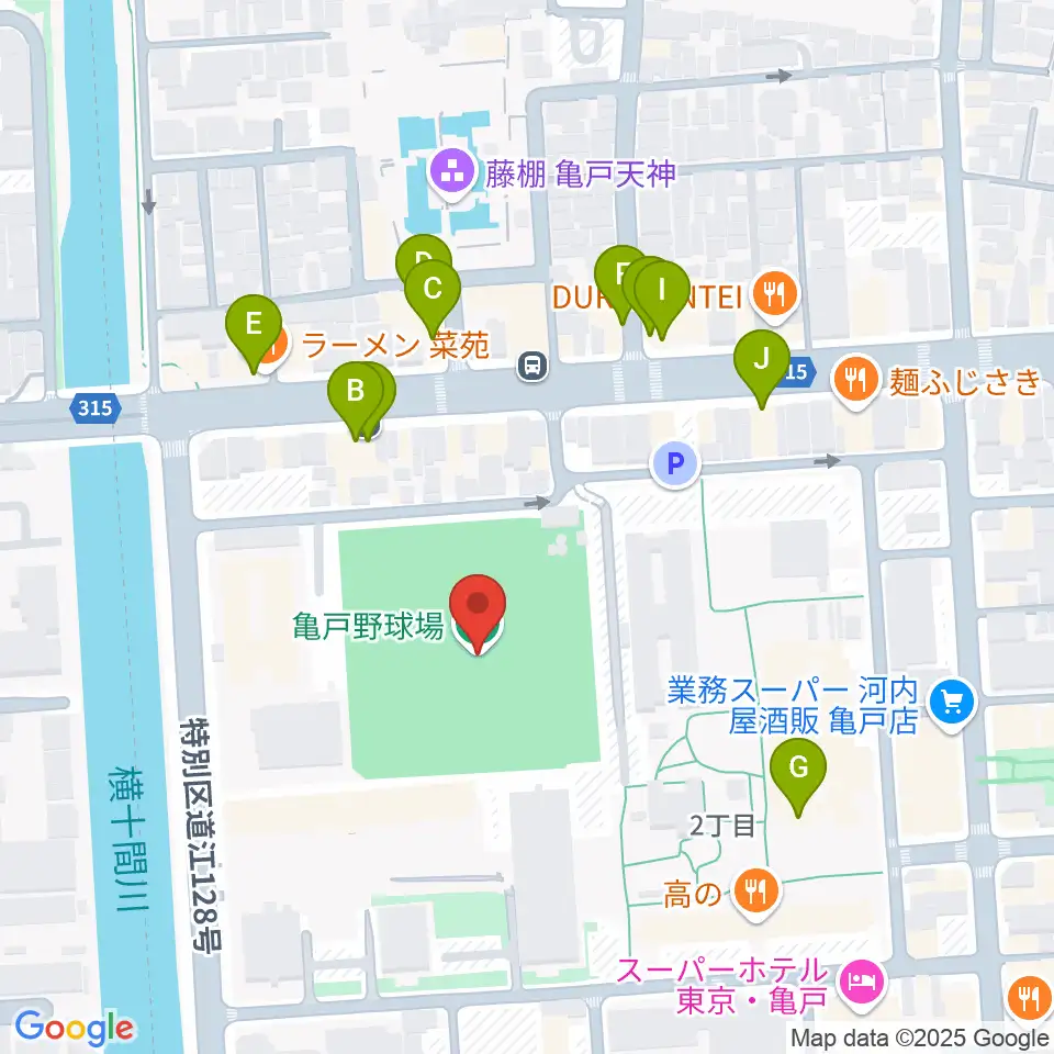 江東区営亀戸野球場周辺のファミレス・ファーストフード一覧地図