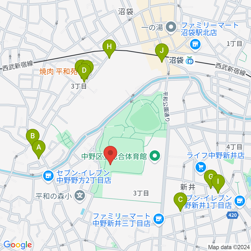 平和の森公園草地広場周辺のファミレス・ファーストフード一覧地図