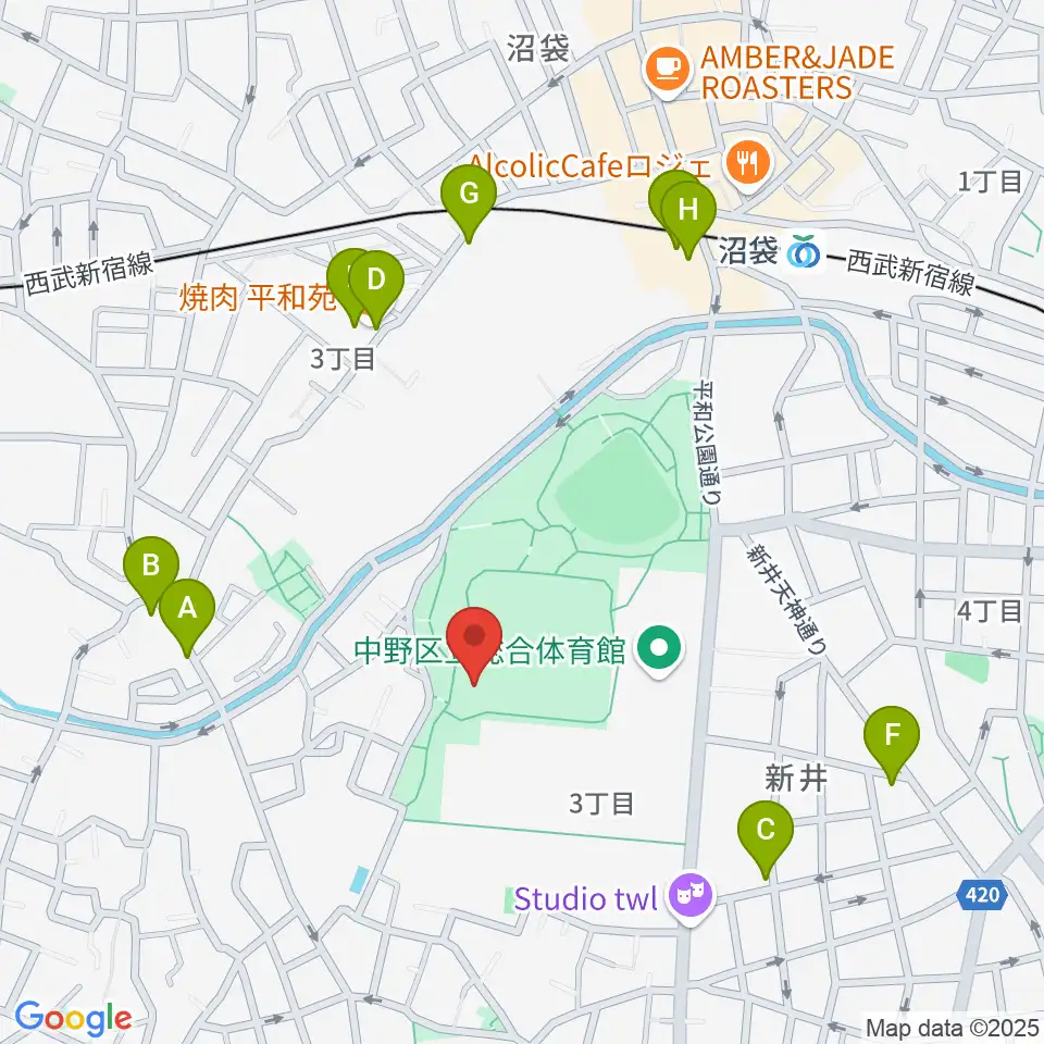 平和の森公園草地広場周辺のファミレス・ファーストフード一覧地図