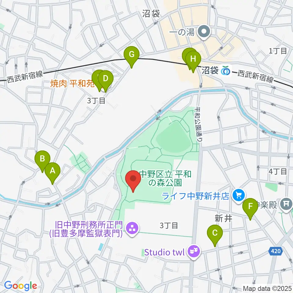 平和の森公園草地広場周辺のファミレス・ファーストフード一覧地図
