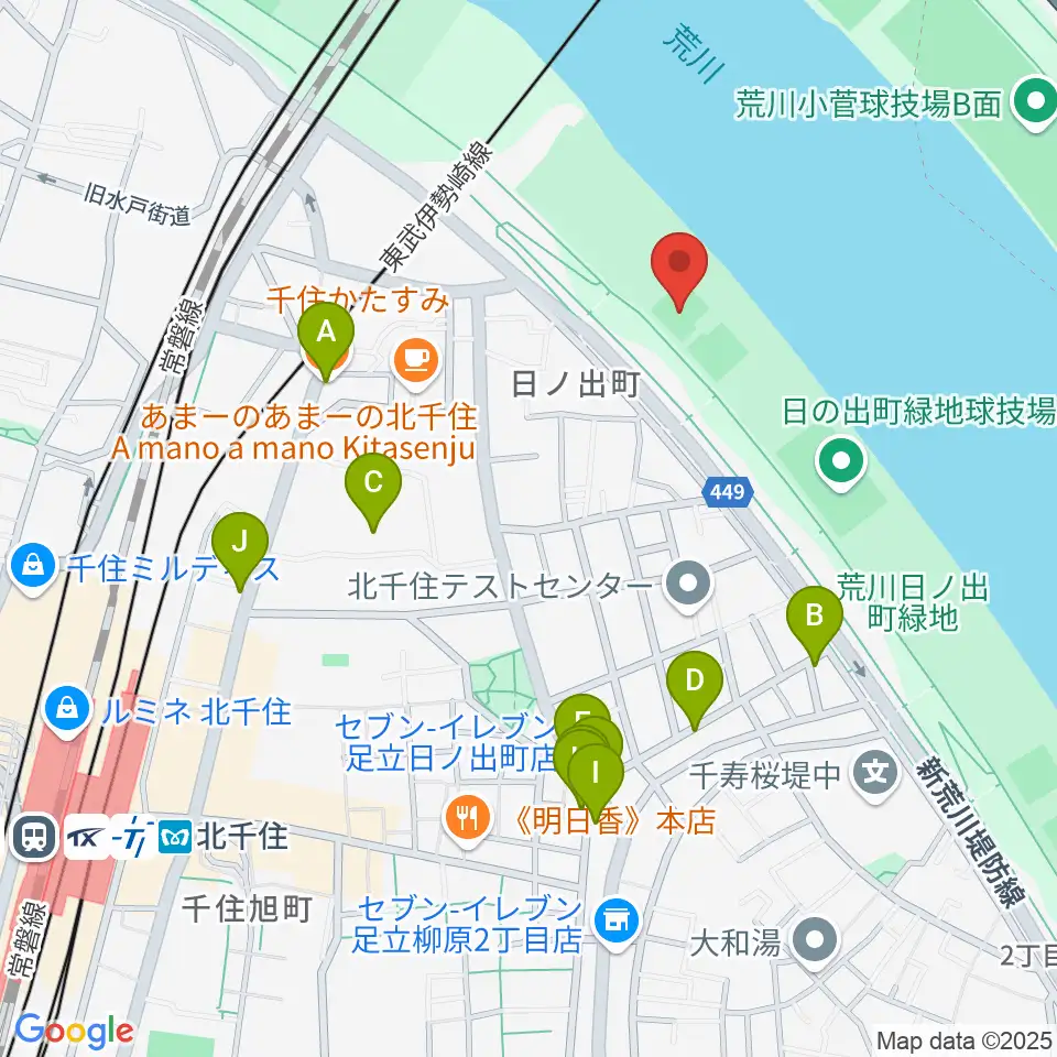 日の出町緑地野球場周辺のファミレス・ファーストフード一覧地図