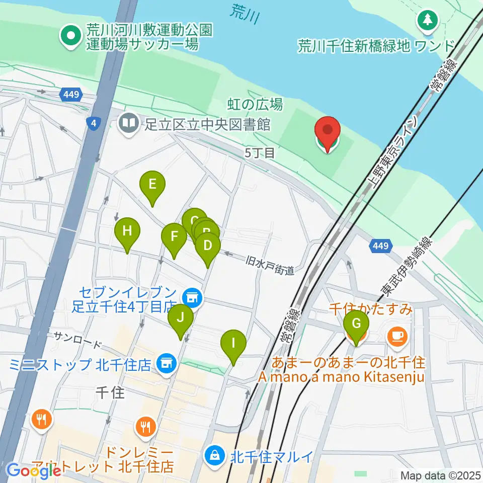 千住新橋野球場周辺のファミレス・ファーストフード一覧地図