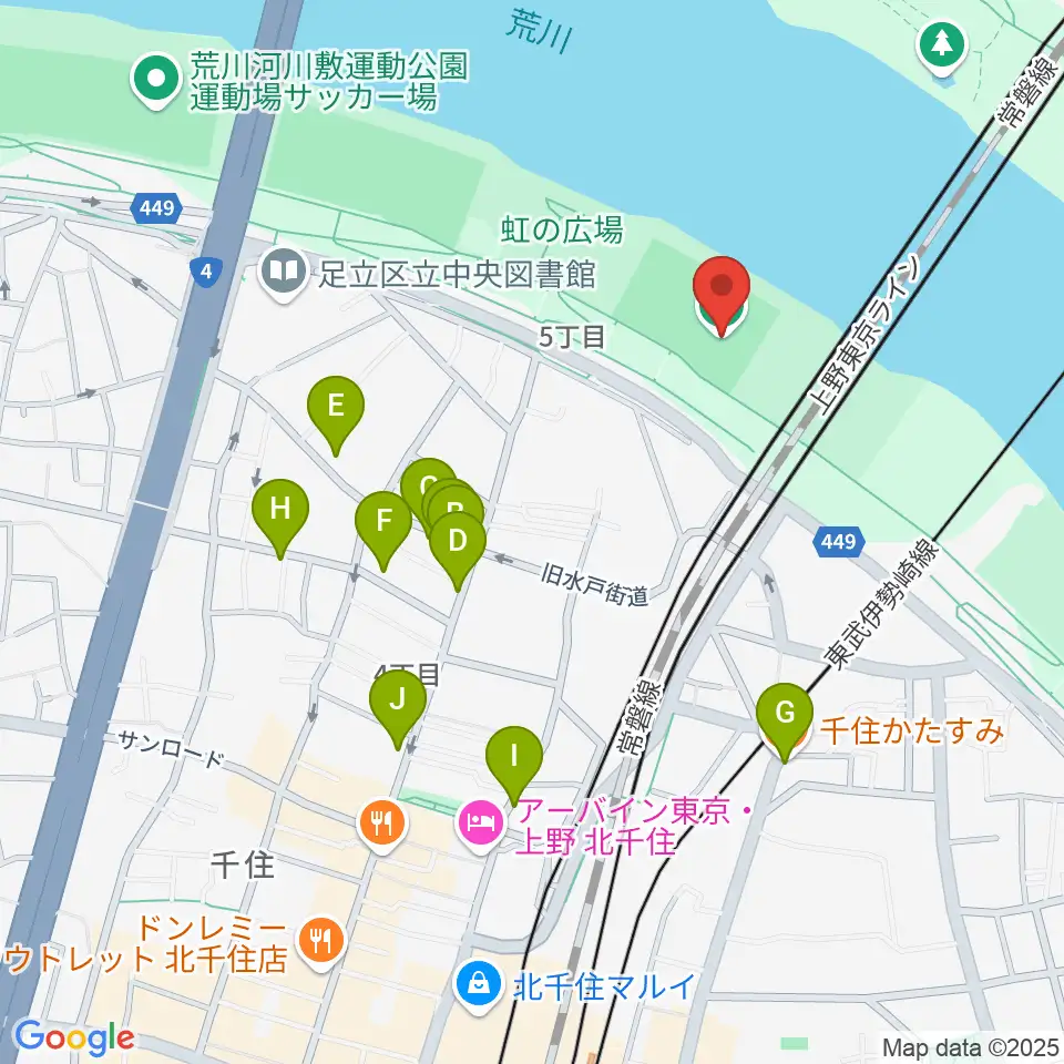 千住新橋野球場周辺のファミレス・ファーストフード一覧地図