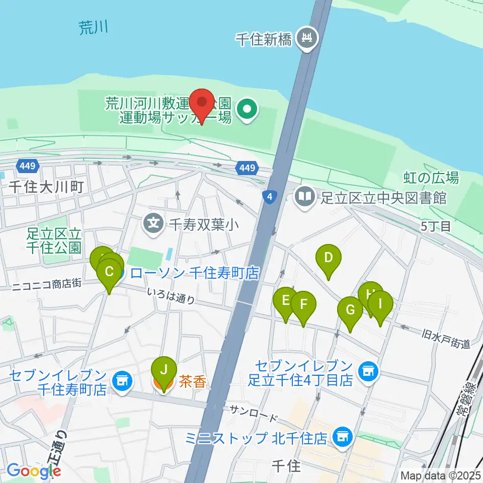荒川河川敷運動公園野球場周辺のファミレス・ファーストフード一覧地図