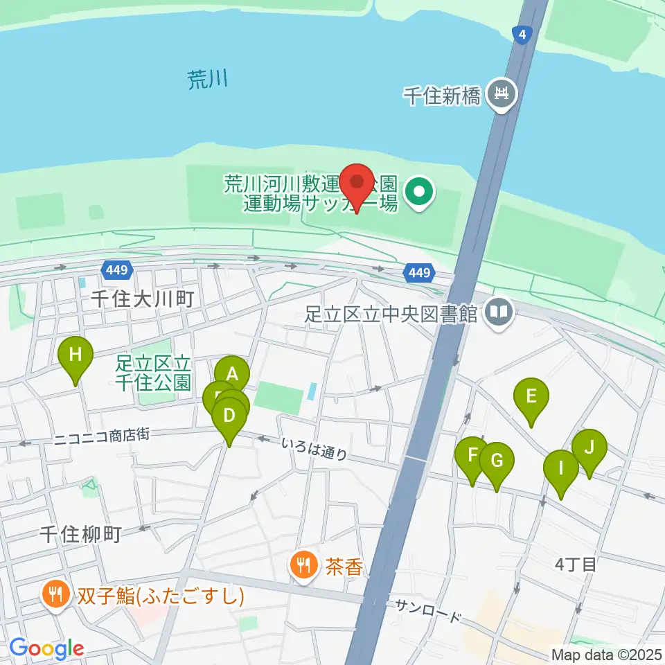 荒川河川敷運動公園野球場周辺のファミレス・ファーストフード一覧地図
