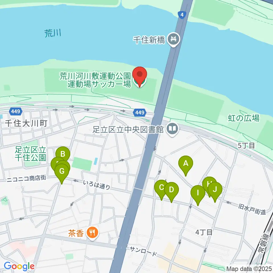 荒川河川敷運動公園サッカー場周辺のファミレス・ファーストフード一覧地図