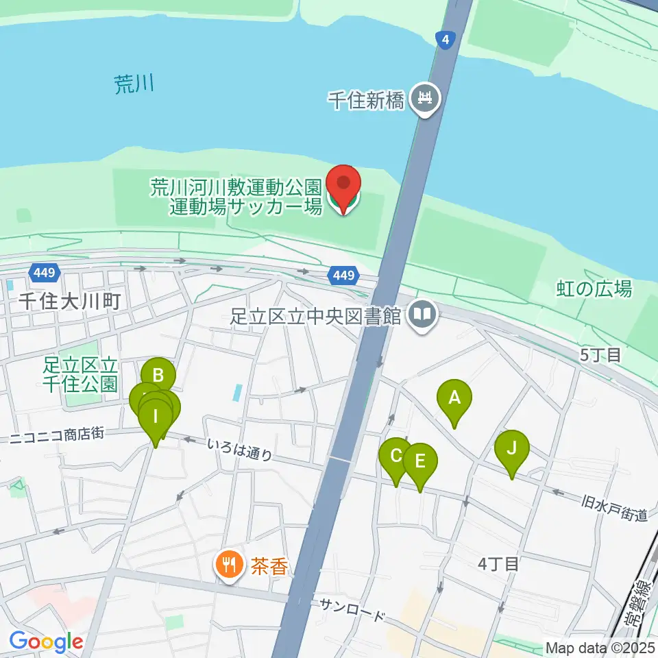 荒川河川敷運動公園サッカー場周辺のファミレス・ファーストフード一覧地図