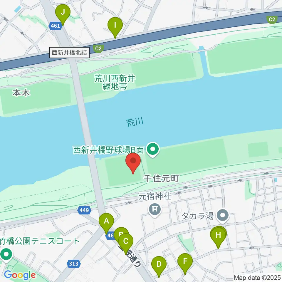 西新井橋野球場周辺のファミレス・ファーストフード一覧地図