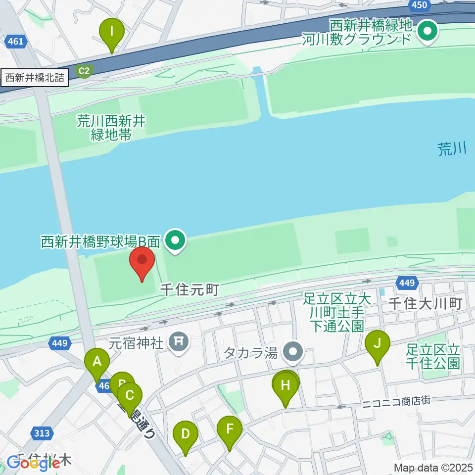 西新井橋野球場周辺のファミレス・ファーストフード一覧地図