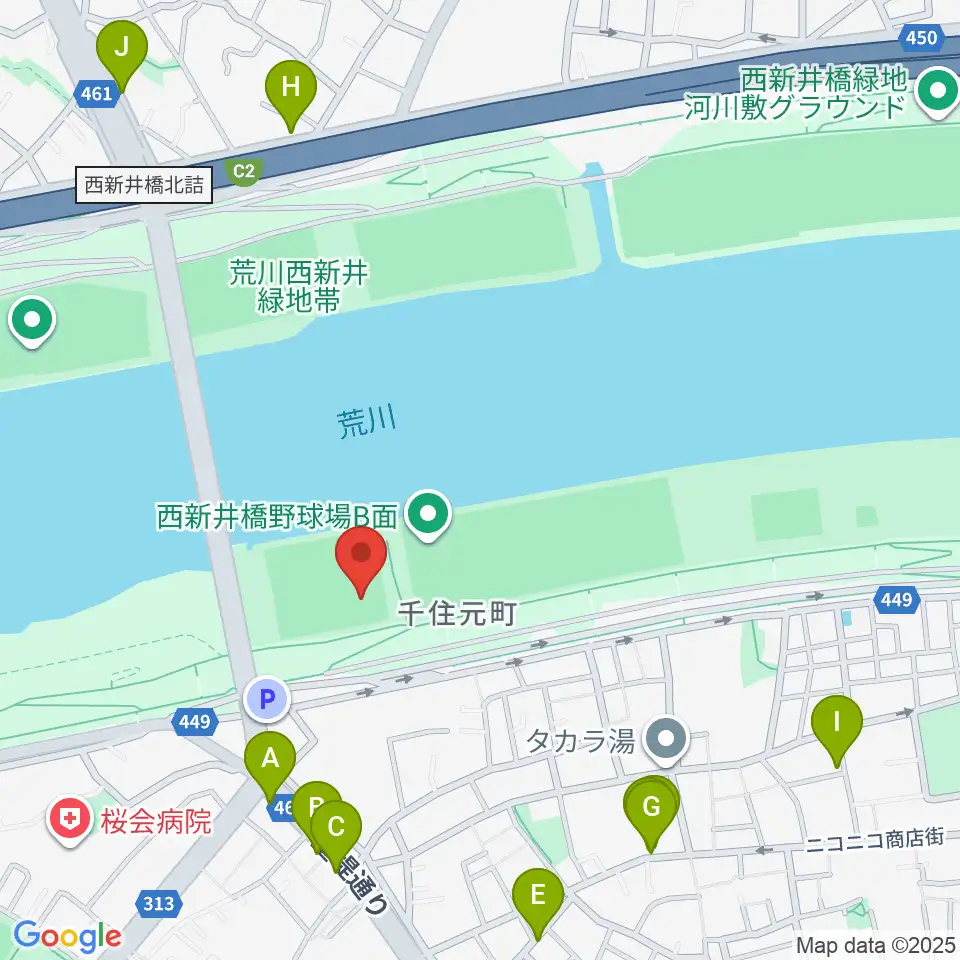西新井橋野球場周辺のファミレス・ファーストフード一覧地図