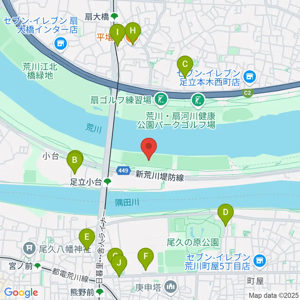 荒川区少年運動場野球場周辺のファミレス・ファーストフード一覧地図