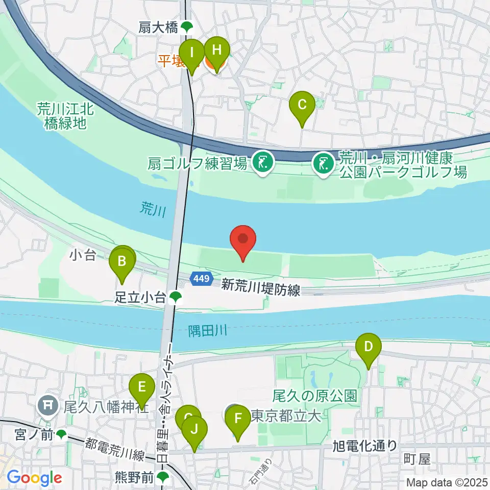 荒川区少年運動場野球場周辺のファミレス・ファーストフード一覧地図