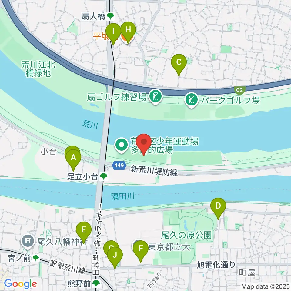 荒川区少年運動場野球場周辺のファミレス・ファーストフード一覧地図