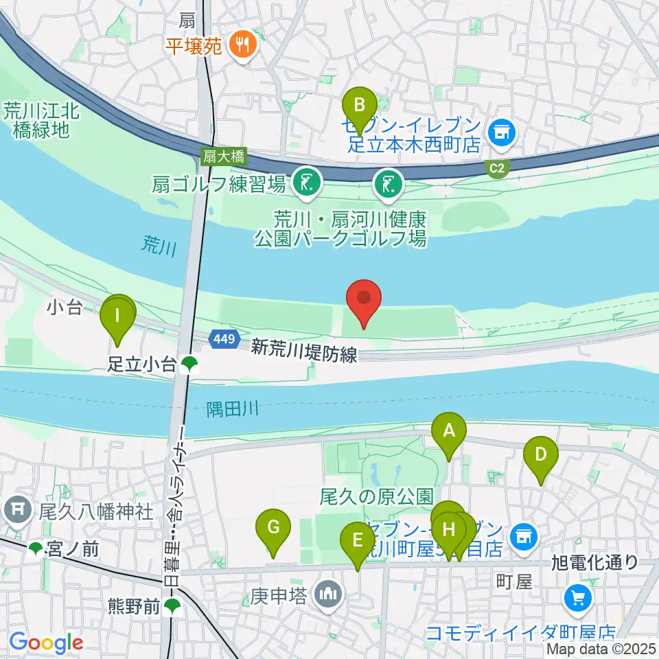 荒川区少年運動場サッカー場周辺のファミレス・ファーストフード一覧地図