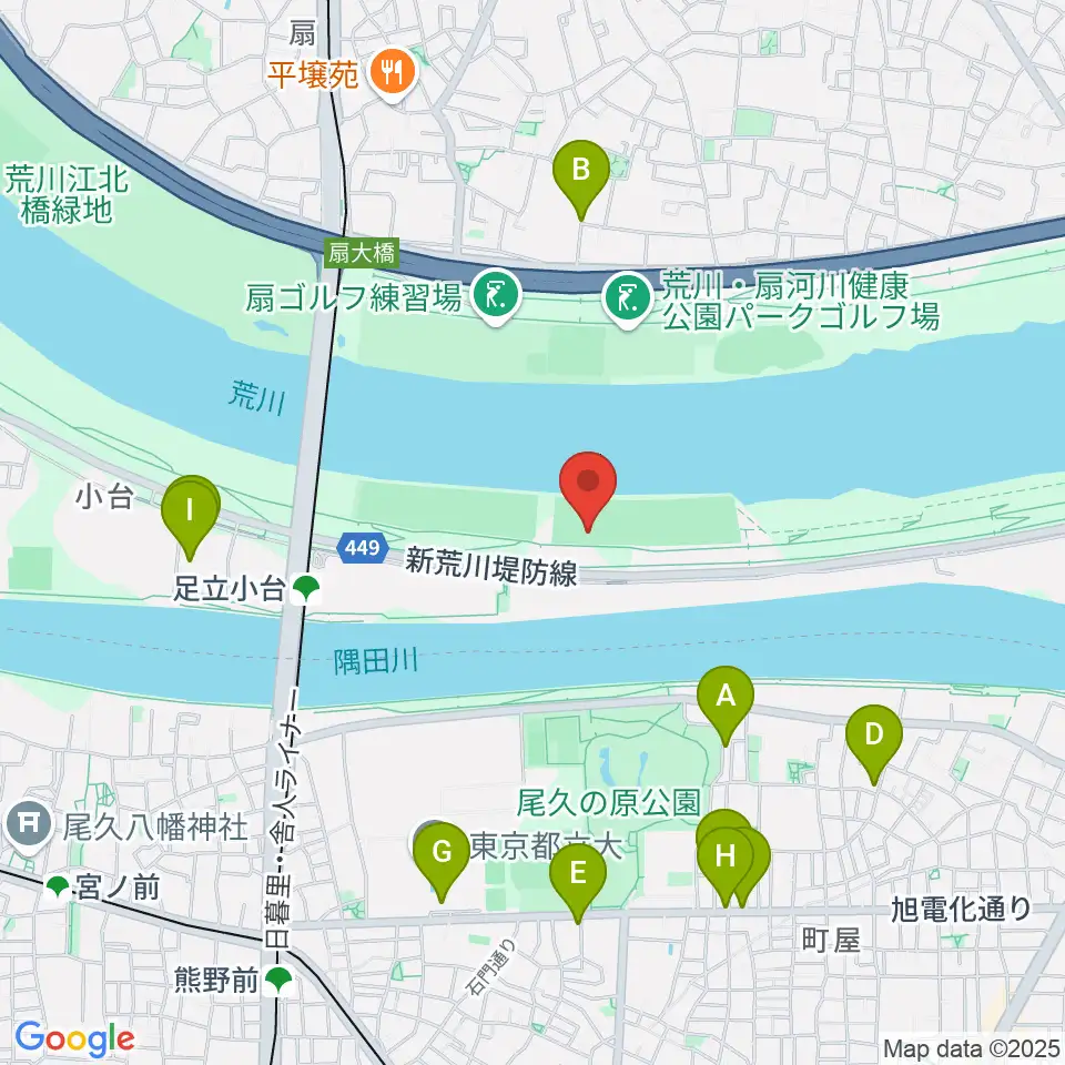 荒川区少年運動場サッカー場周辺のファミレス・ファーストフード一覧地図