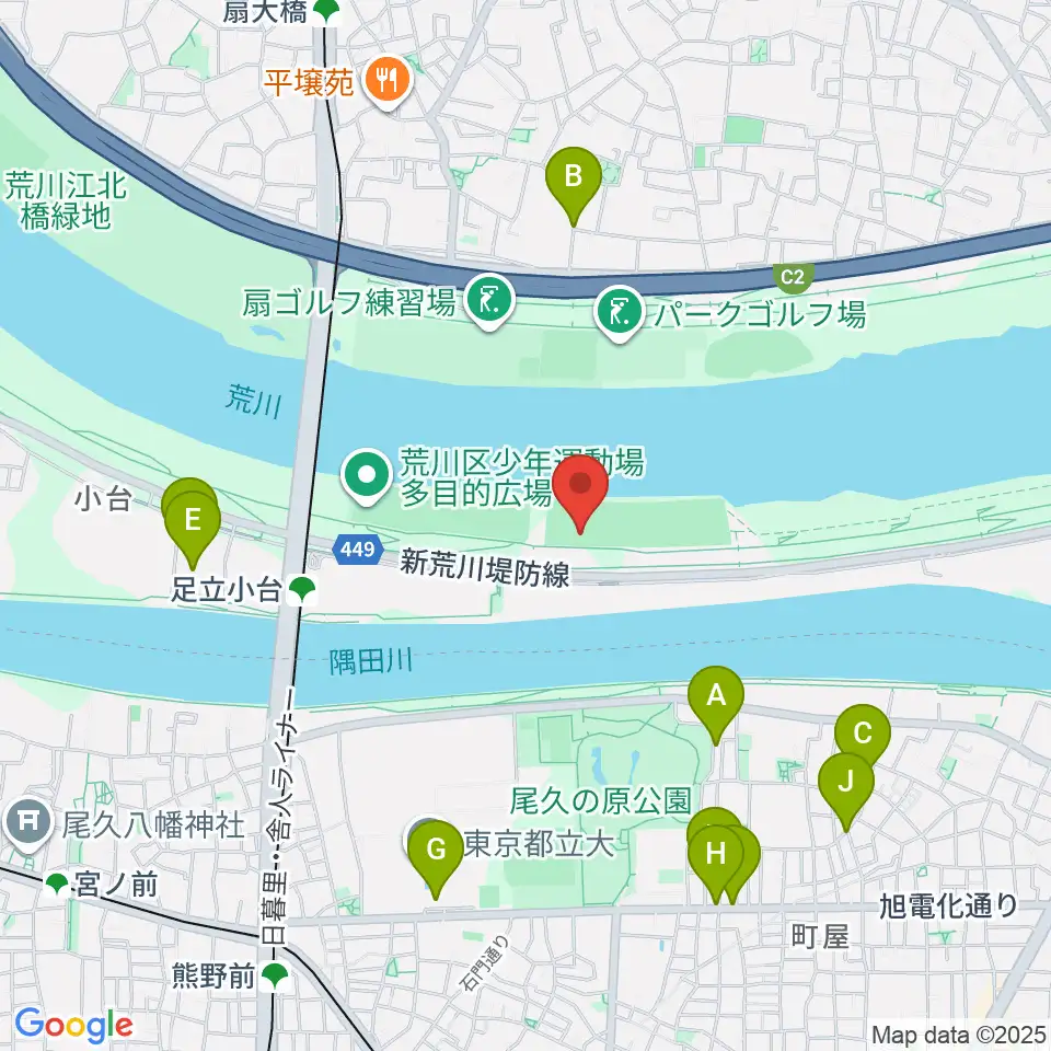 荒川区少年運動場サッカー場周辺のファミレス・ファーストフード一覧地図