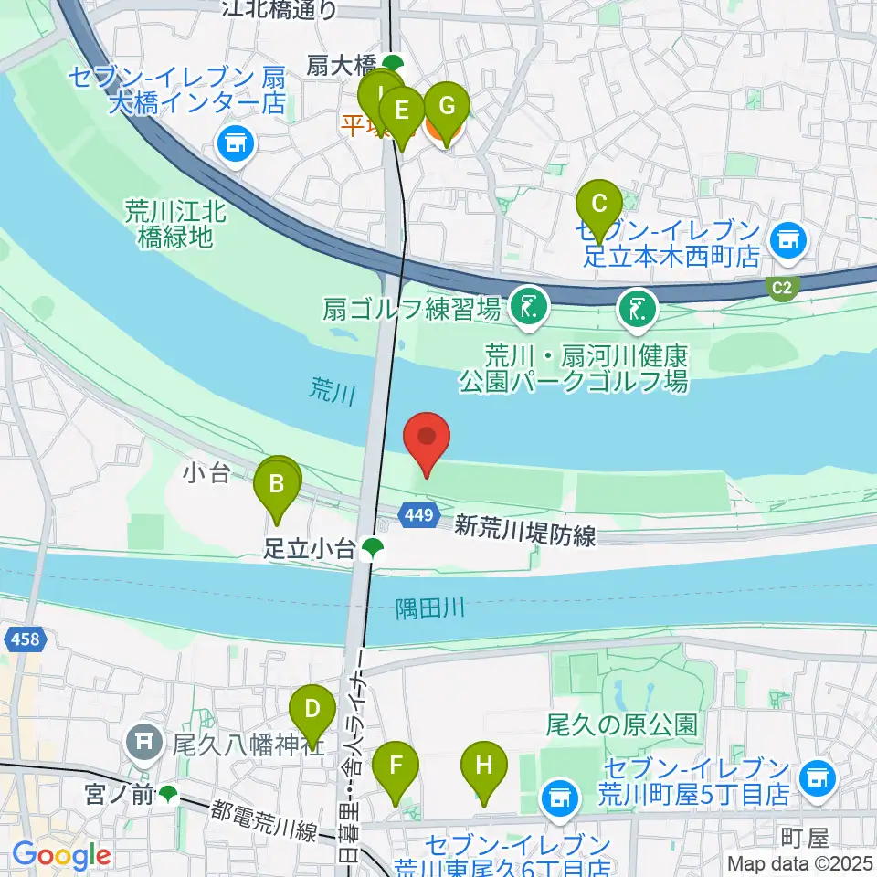 荒川区少年運動場多目的広場周辺のファミレス・ファーストフード一覧地図
