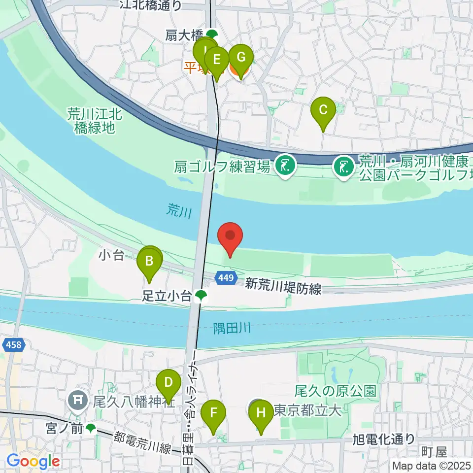 荒川区少年運動場多目的広場周辺のファミレス・ファーストフード一覧地図