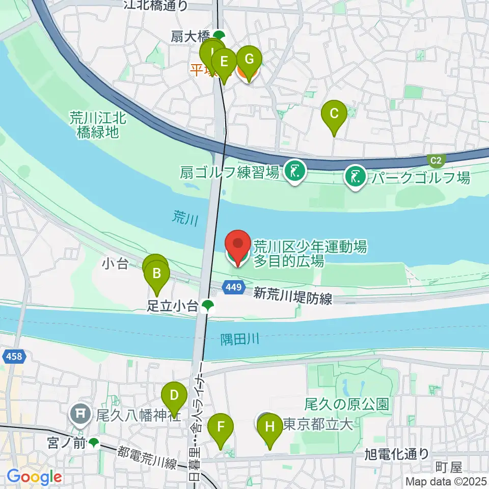 荒川区少年運動場多目的広場周辺のファミレス・ファーストフード一覧地図