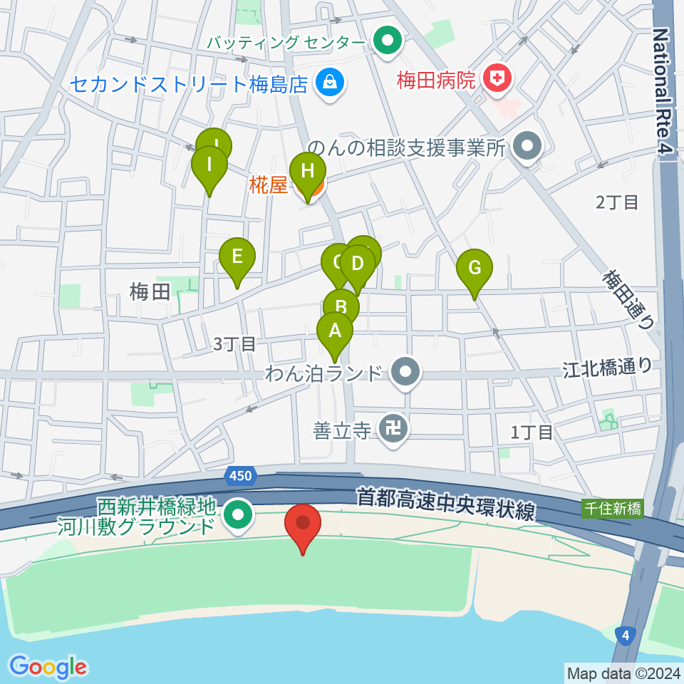 西新井橋緑地野球場周辺のファミレス・ファーストフード一覧地図