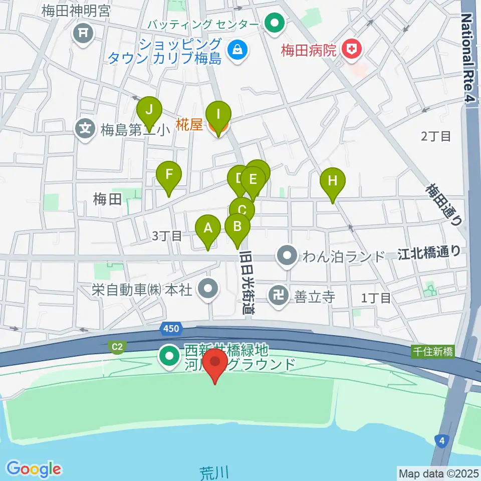 西新井橋緑地野球場周辺のファミレス・ファーストフード一覧地図