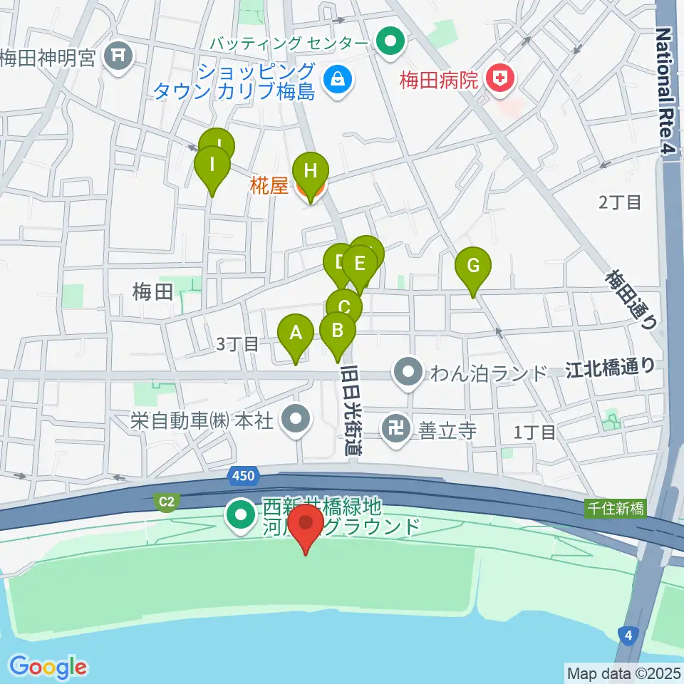 西新井橋緑地野球場周辺のファミレス・ファーストフード一覧地図