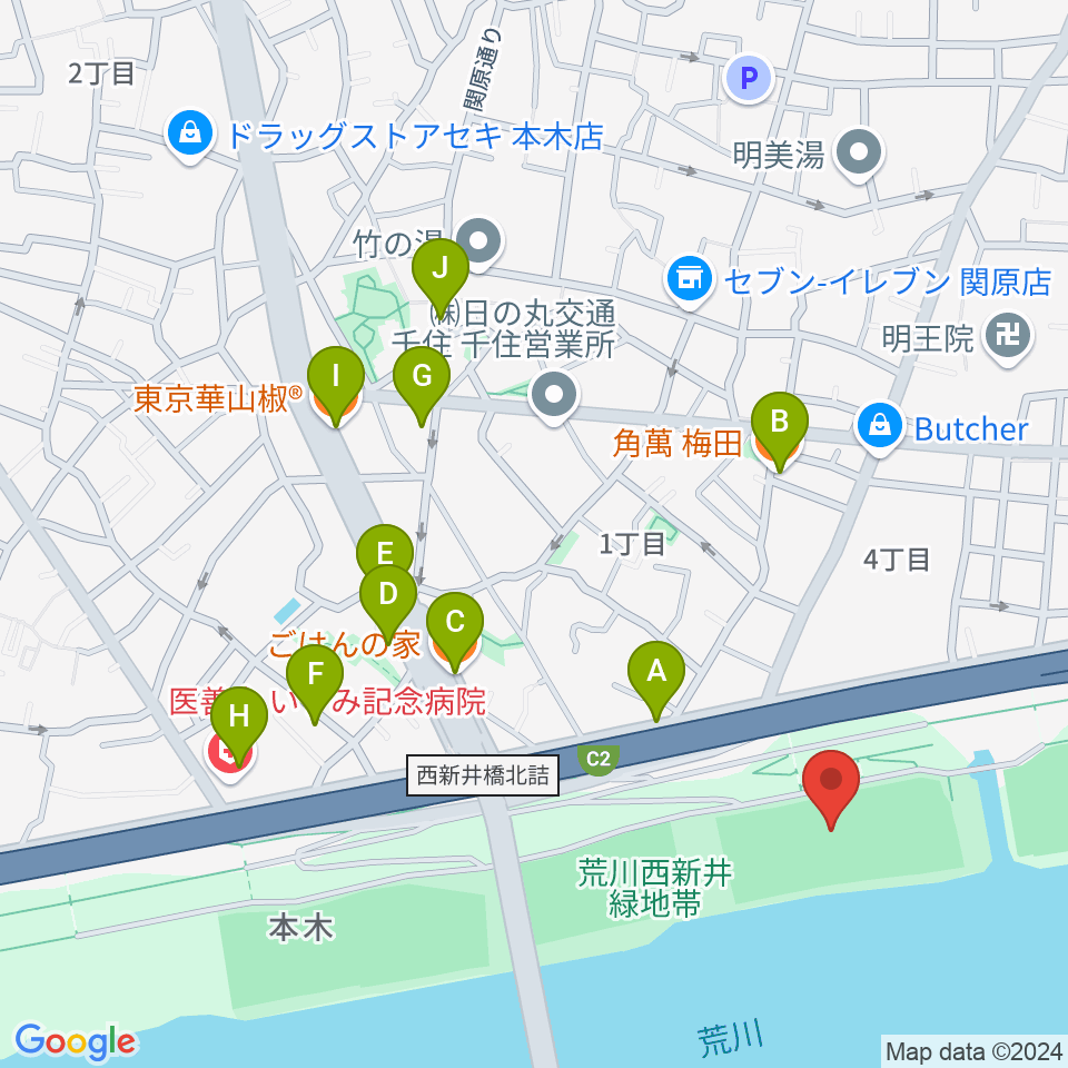 西新井橋緑地球技場周辺のファミレス・ファーストフード一覧地図