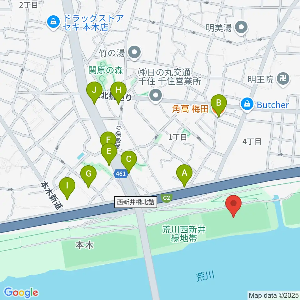 西新井橋緑地球技場周辺のファミレス・ファーストフード一覧地図