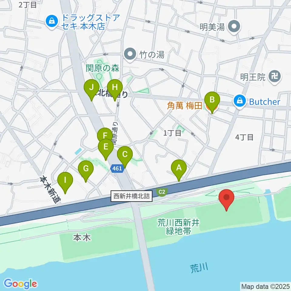 西新井橋緑地球技場周辺のファミレス・ファーストフード一覧地図