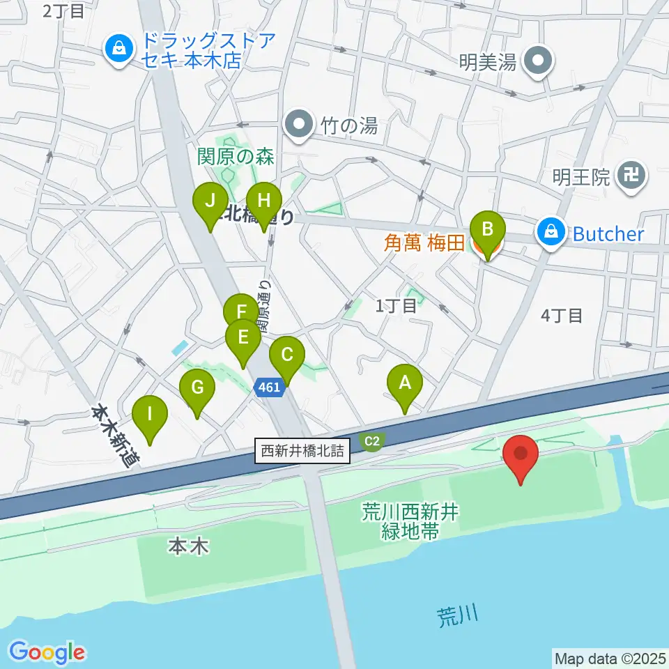 西新井橋緑地球技場周辺のファミレス・ファーストフード一覧地図