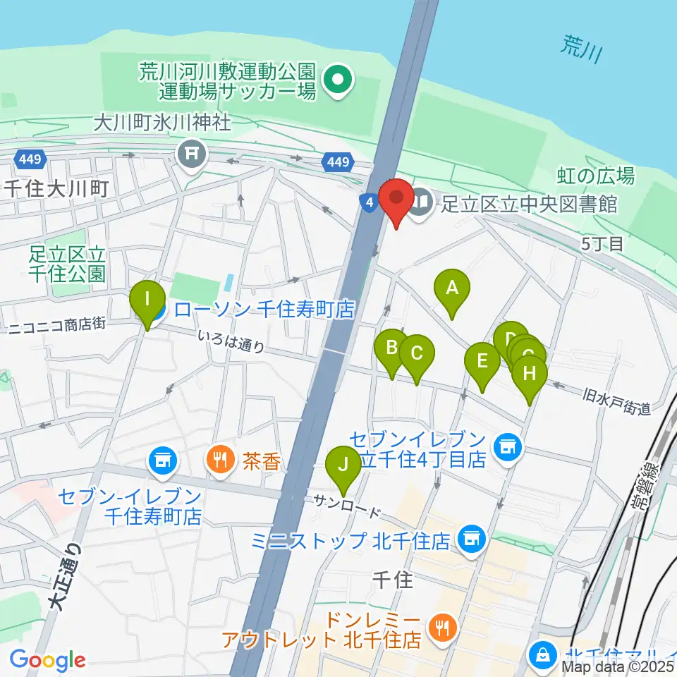 足立区生涯学習センター周辺のファミレス・ファーストフード一覧地図