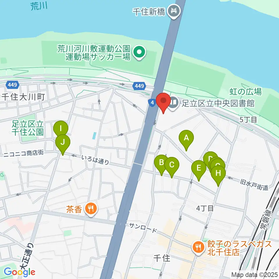 足立区生涯学習センター周辺のファミレス・ファーストフード一覧地図