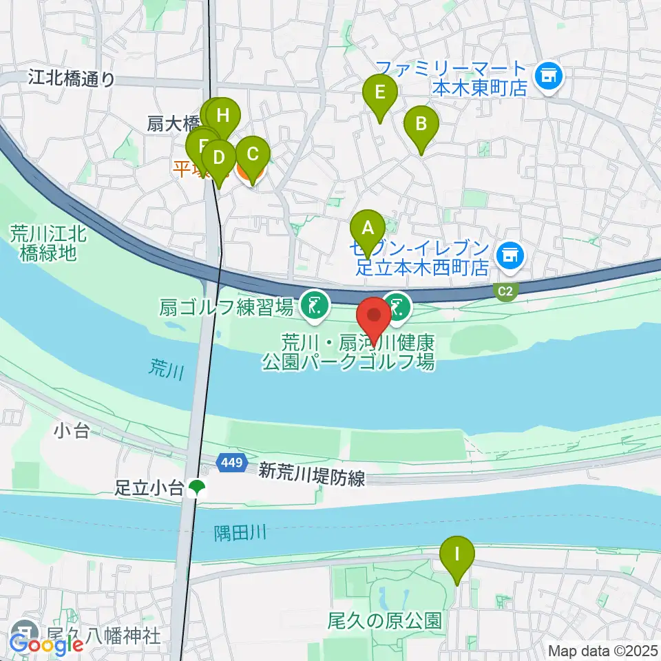 荒川・扇河川健康公園軟式野球場周辺のファミレス・ファーストフード一覧地図