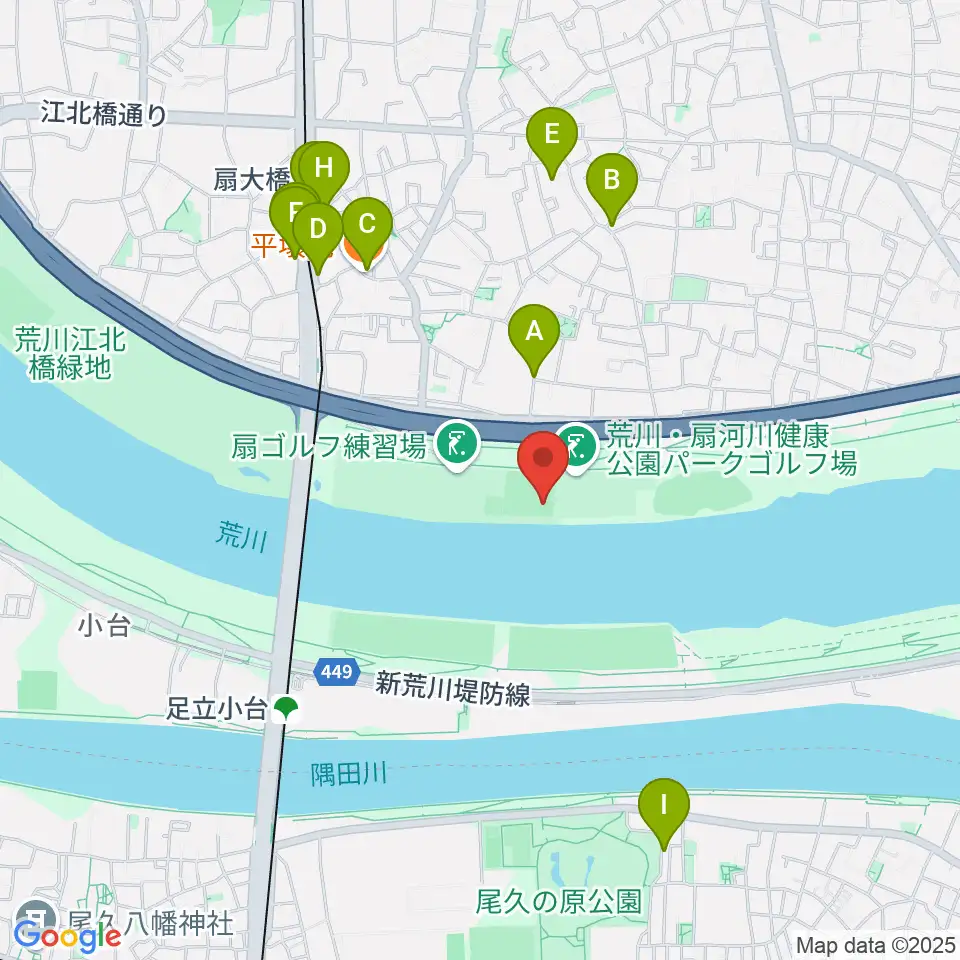 荒川・扇河川健康公園軟式野球場周辺のファミレス・ファーストフード一覧地図