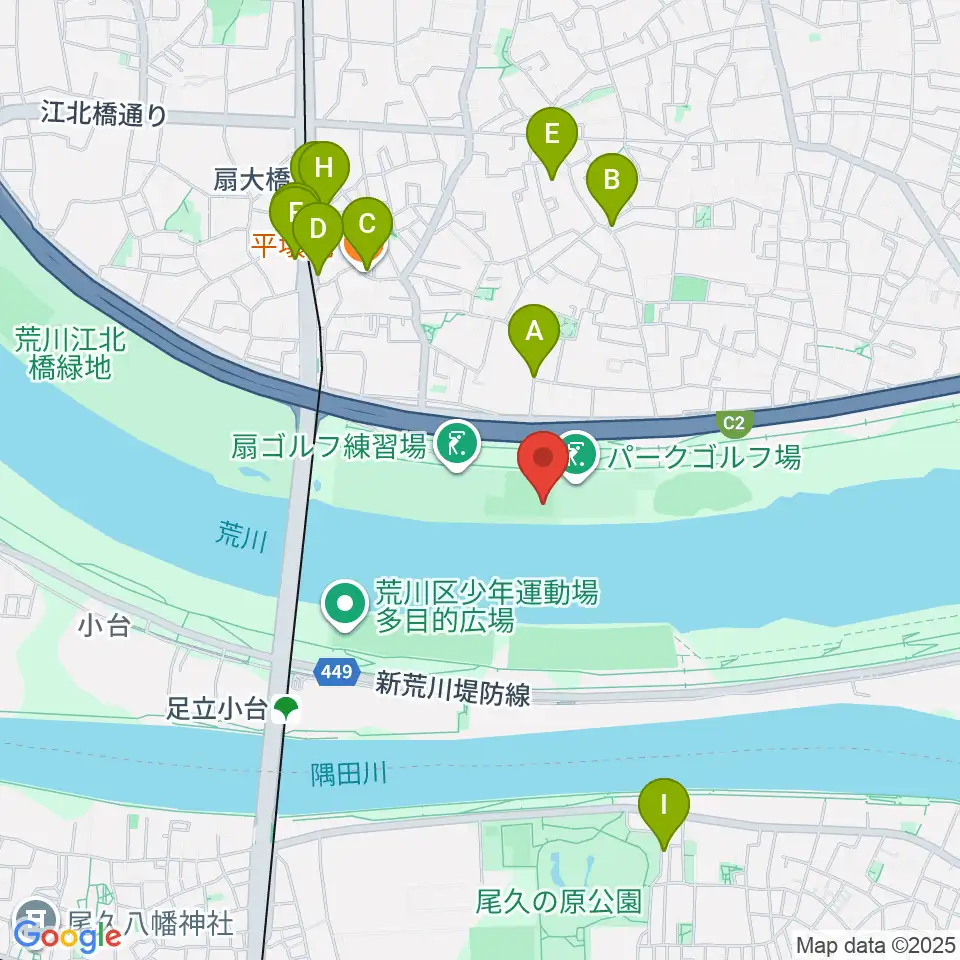 荒川・扇河川健康公園軟式野球場周辺のファミレス・ファーストフード一覧地図